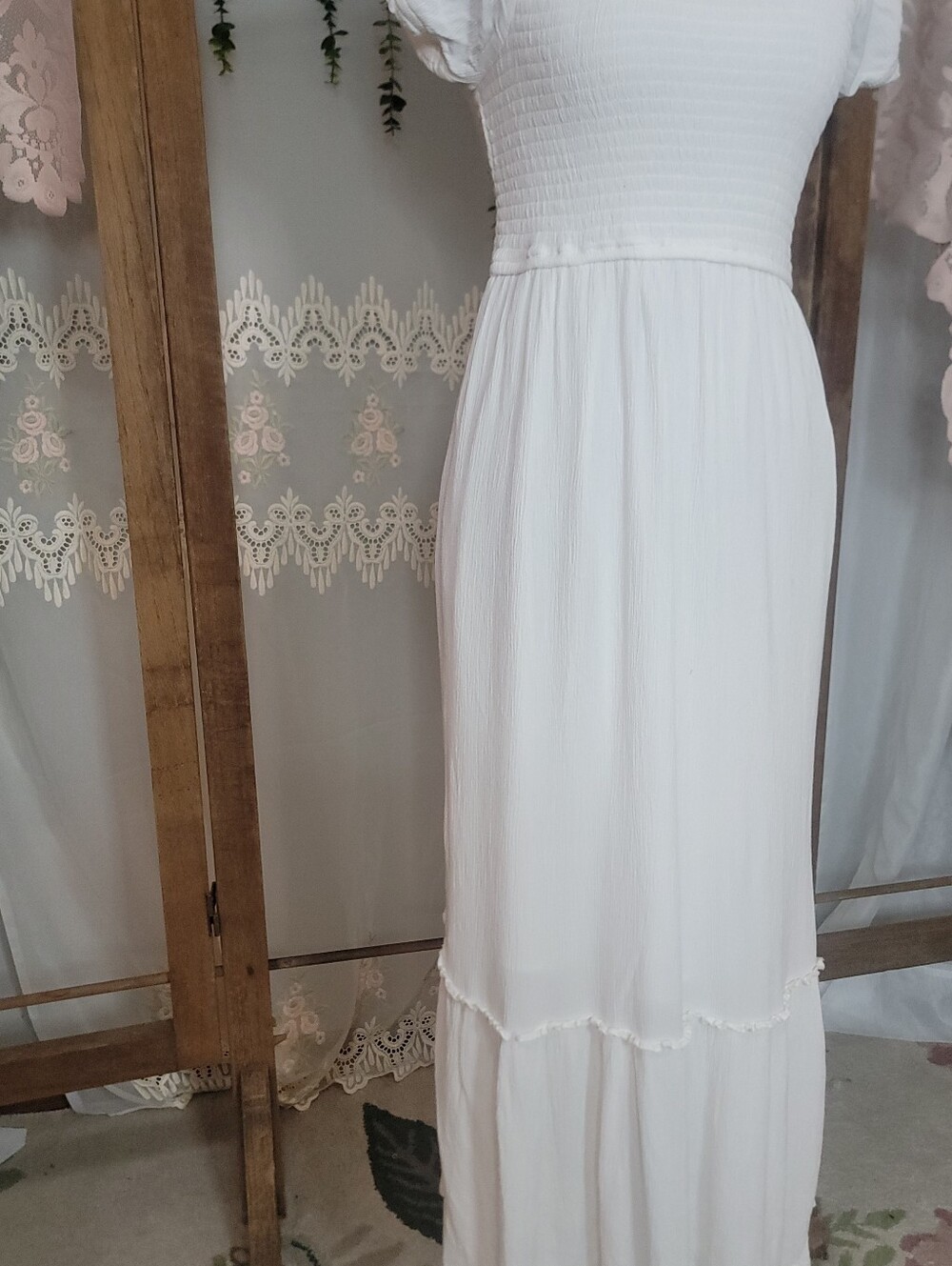 White Smocked Midi Dress with Puff Sleeves | Cottagecore Boho Indie Festival - Picture 7 of 11